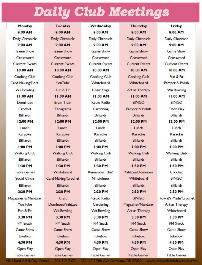 Mount hood adult day center new daily club meetings and program model